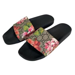 GUCCI GG Slides Bloom Supreme Logo Floral Print Coated Canvas Slip Ons Sandals 8
